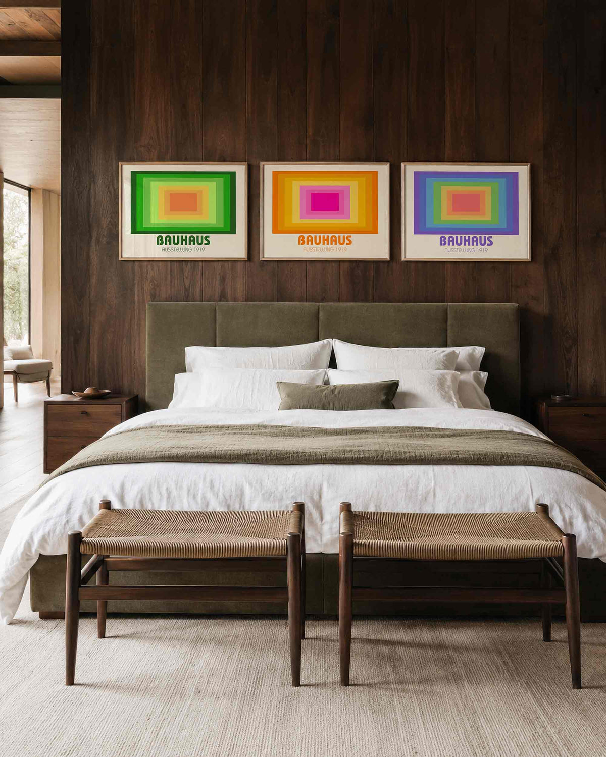 Interieurmockup van drieluik landscape-posterset met gelaagde kleurvelden