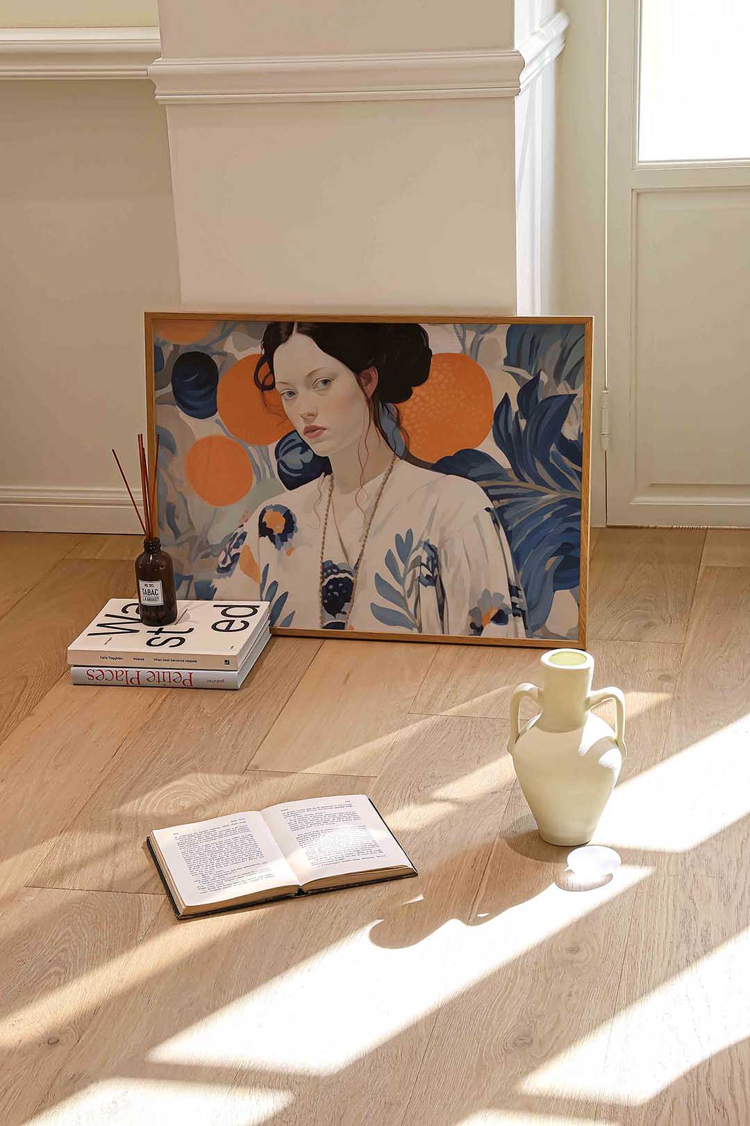 Vrouw met oranje en blauwe accenten Poster