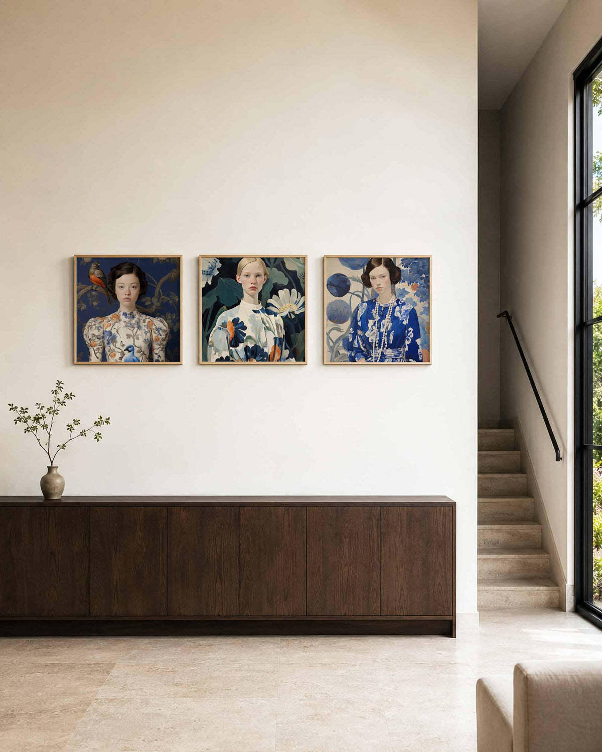 Interieurpresentatie van een driedelige vierkante posterset met bloemenportretten