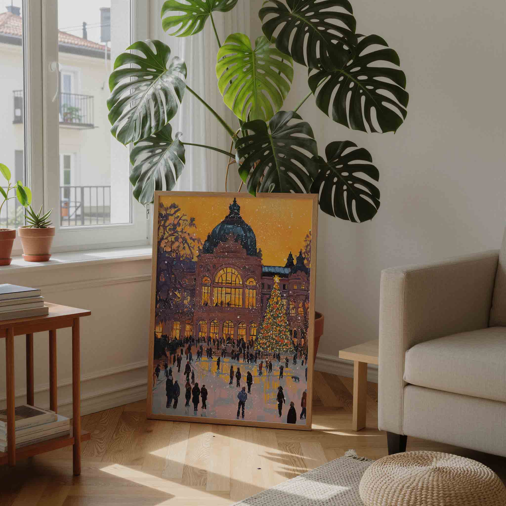 Winteravond bij verlichte hal Poster