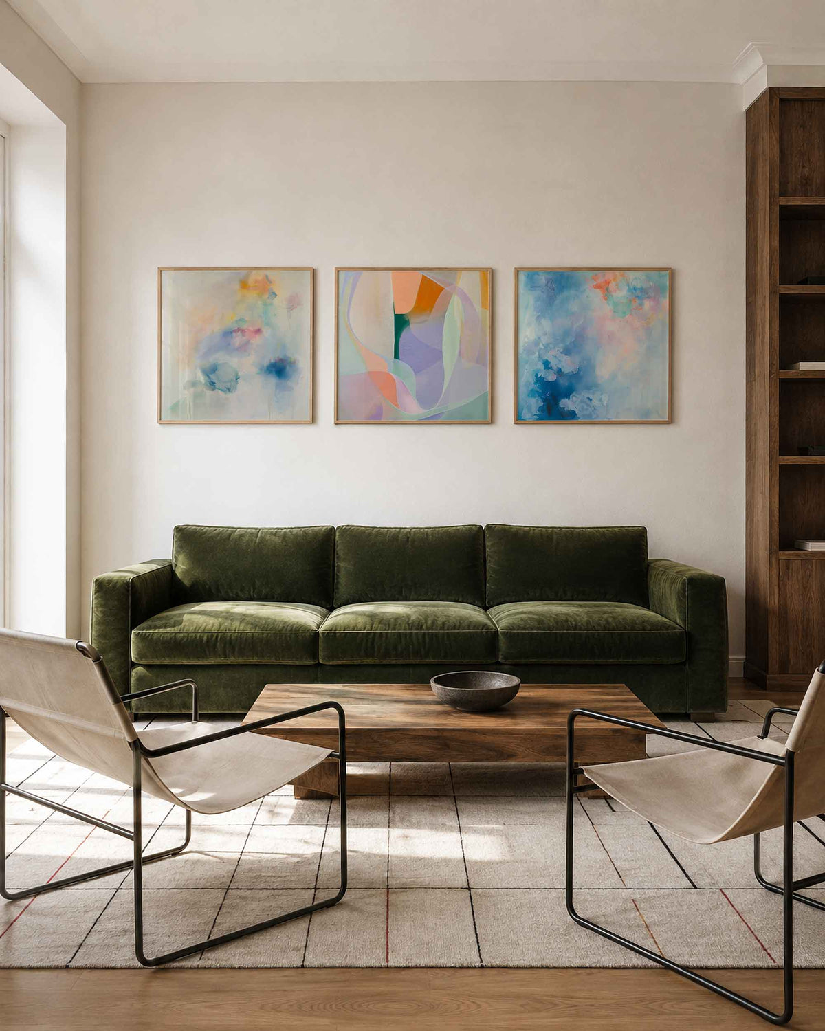Interieurpresentatie van een driedelige vierkante posterset met abstracte kleuren
