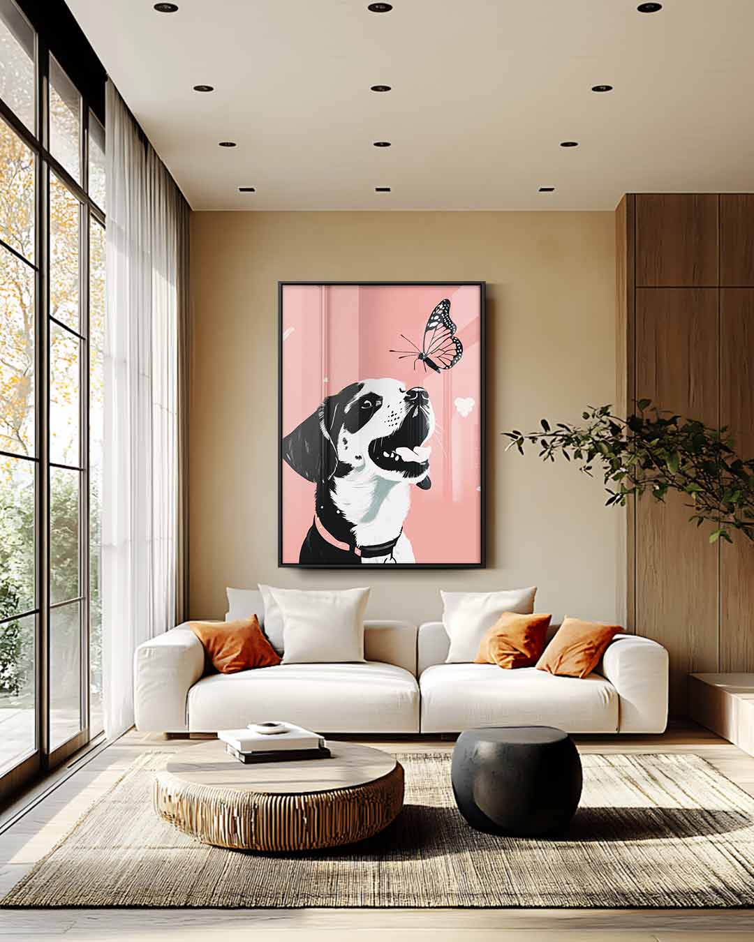 Vrolijke Puppy Met Vlinder Kunstwerk-canvas-dibond-plexiglas-wanddecoratie-WallArtistic