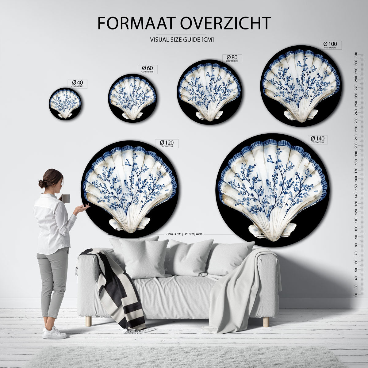 Schelp met blauwe takken Muurcirkel
