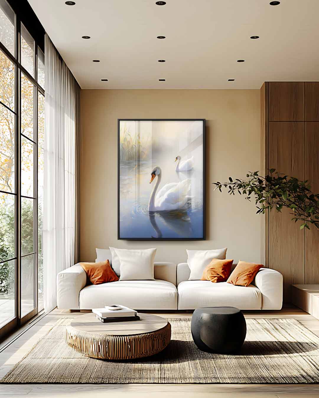 Elegante Zwanen in de Ochtendnevel Kunstwerk-canvas-dibond-plexiglas-wanddecoratie-WallArtistic