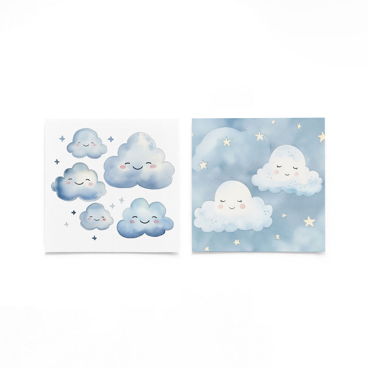 Twee vierkante posters met slapende wolken op een gebroken witte achtergrond