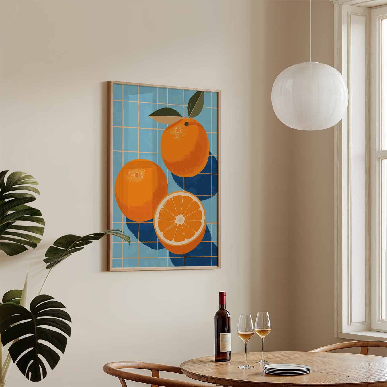 Zonnige Sinaasappels op Blauwe Tegels Poster-WallArtistic