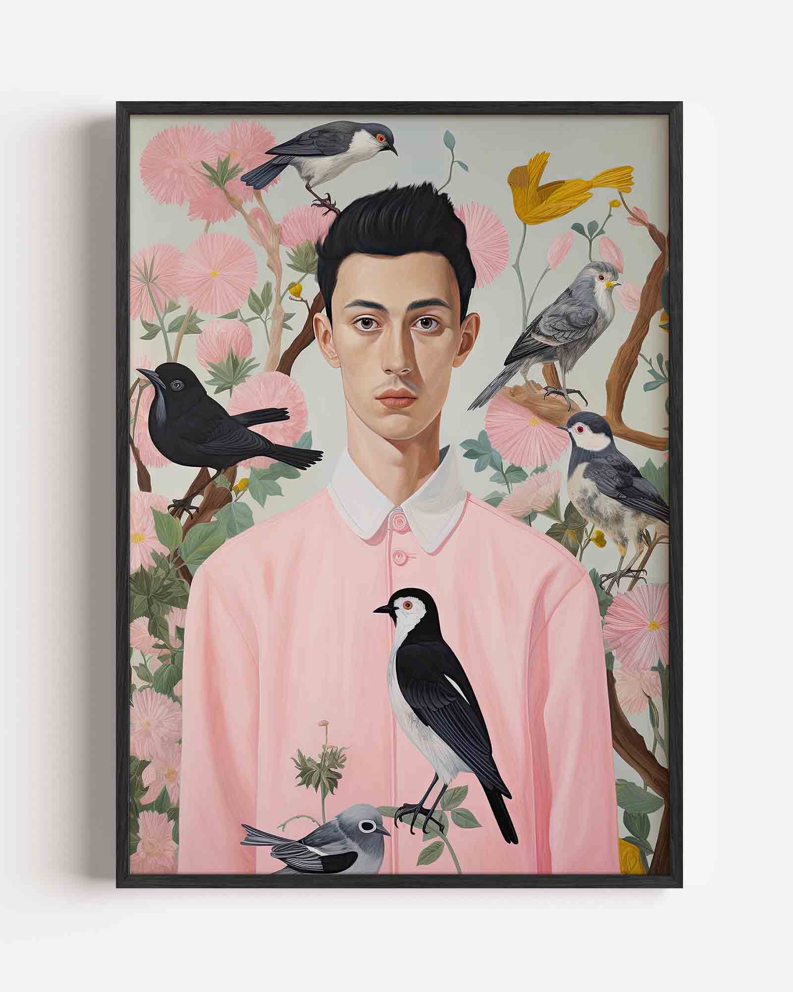 Vogels en man in roze Poster