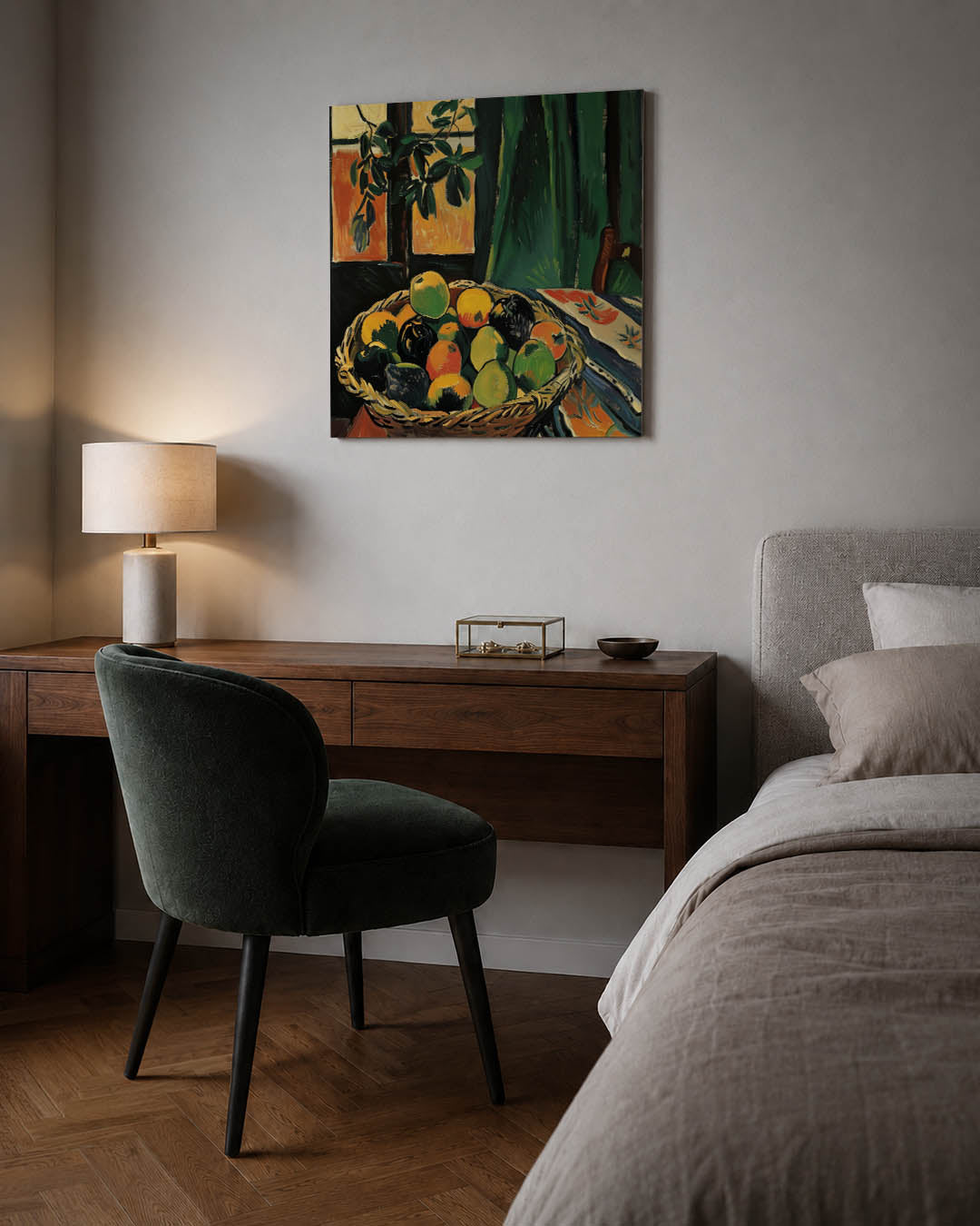 Fruitmand met groene gordijn Kunstwerk