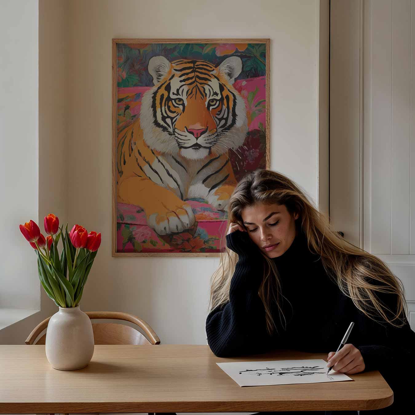 Kleurrijke Tijger op Bloemenbank Poster-WallArtistic