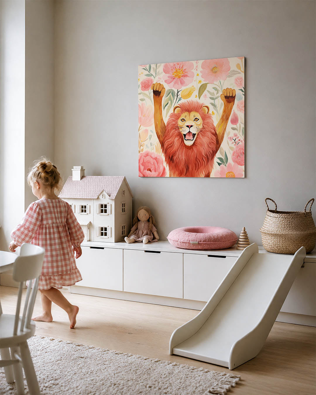 Vrolijke leeuw en bloemen Kunstwerk