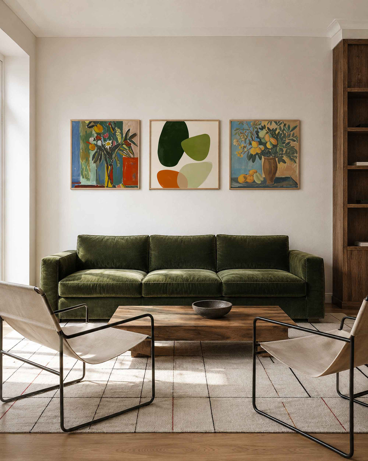 Interieurpresentatie van een driedelige vierkante posterset met citrus en groene vormen