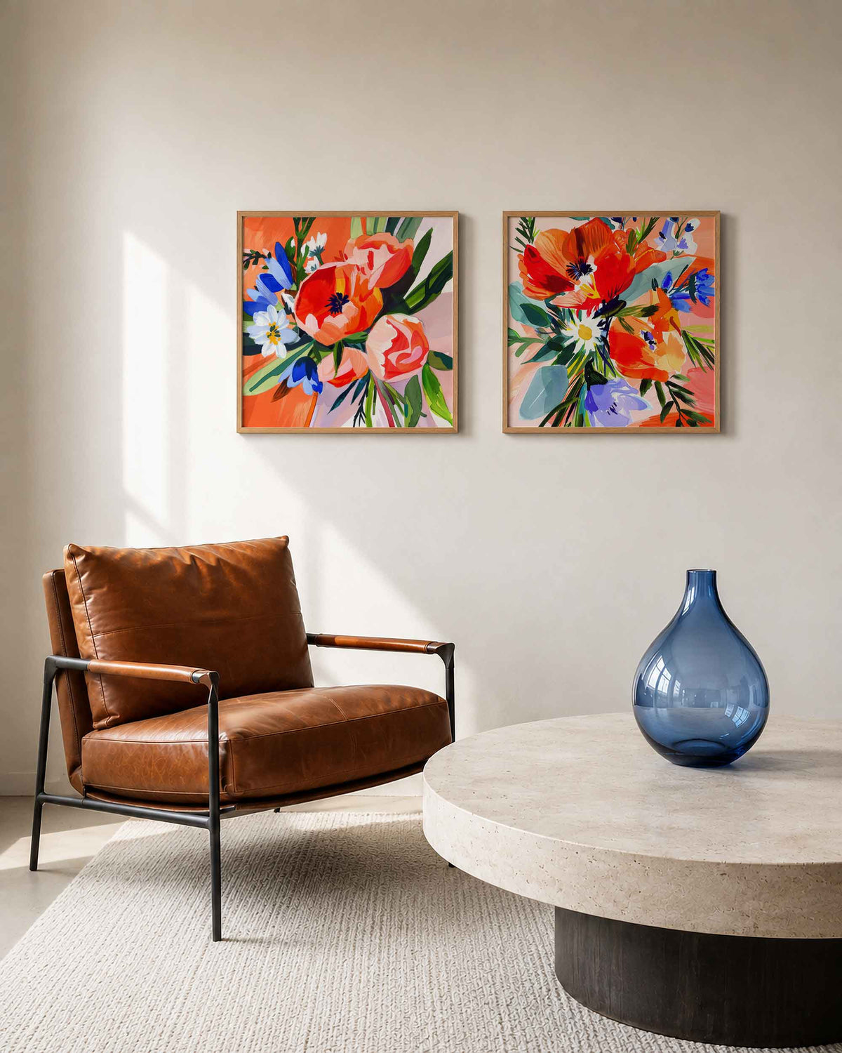 Interieurpresentatie van een tweedelige vierkante posterset met kleurrijke bloemen