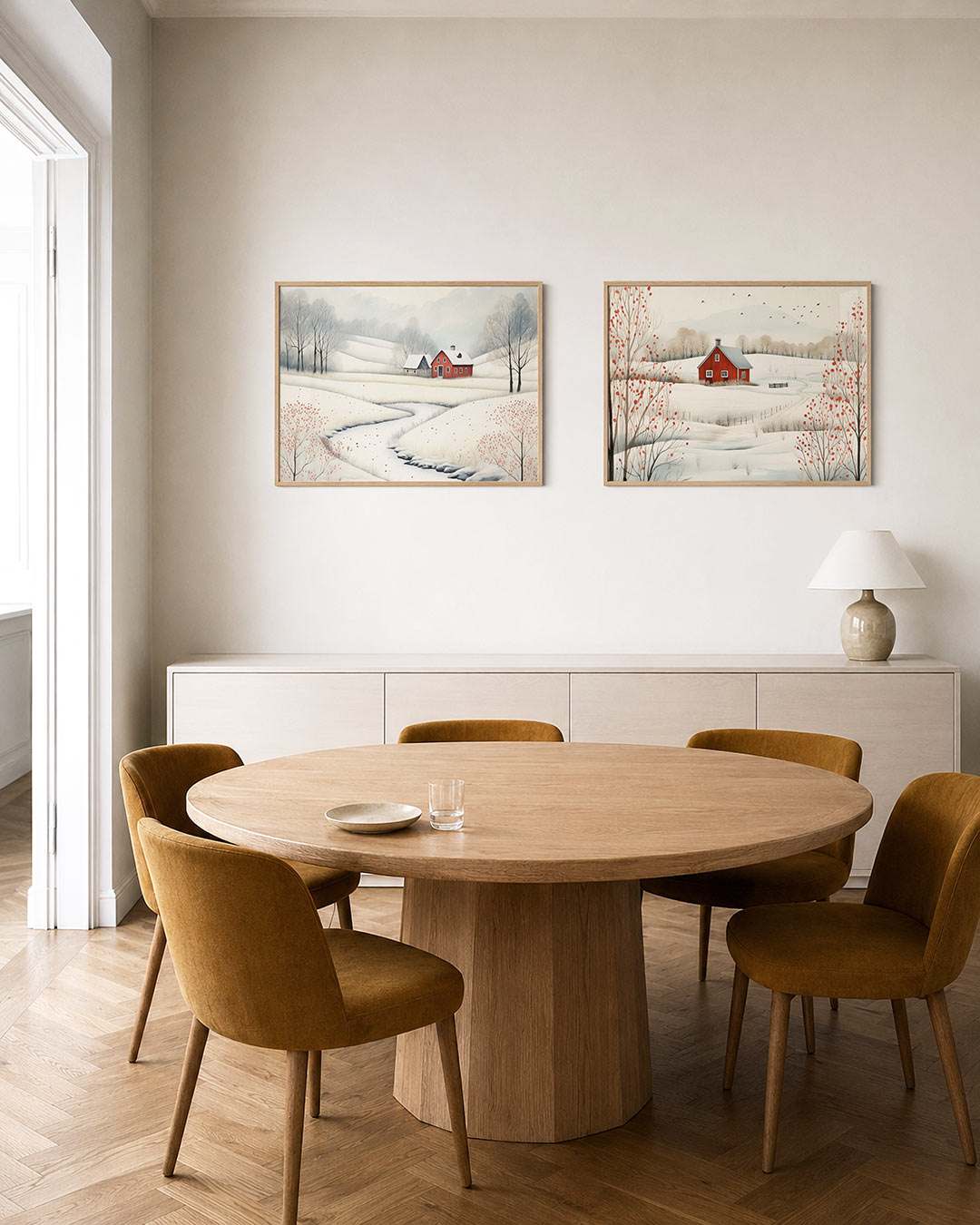 Twee liggende posters met een vredig winterlandschap met een rode boerderij, aan de muur in een interieur