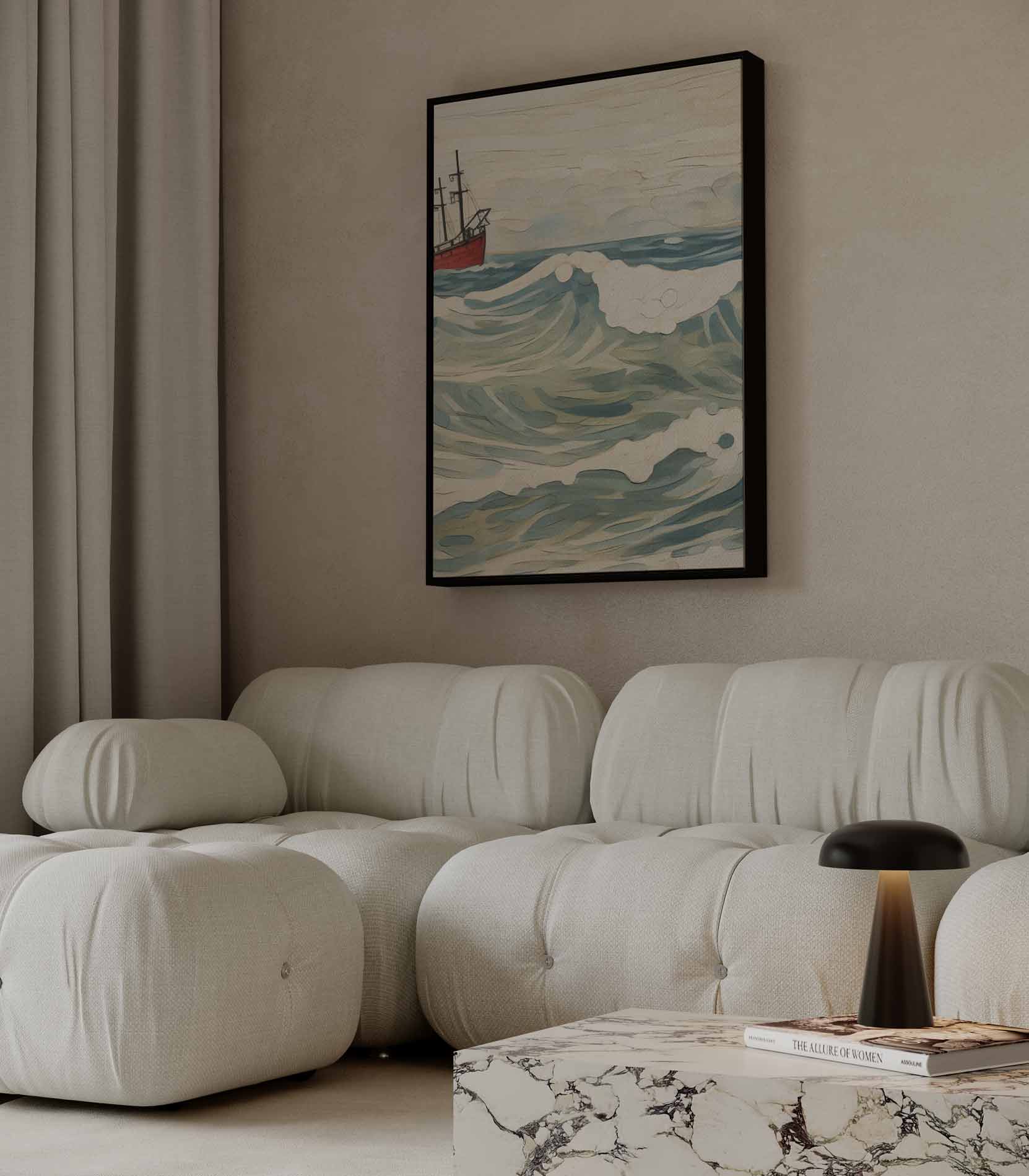 Golven van Avontuur: Rood Schip op Zee Kunstwerk-canvas-dibond-plexiglas-wanddecoratie-WallArtistic