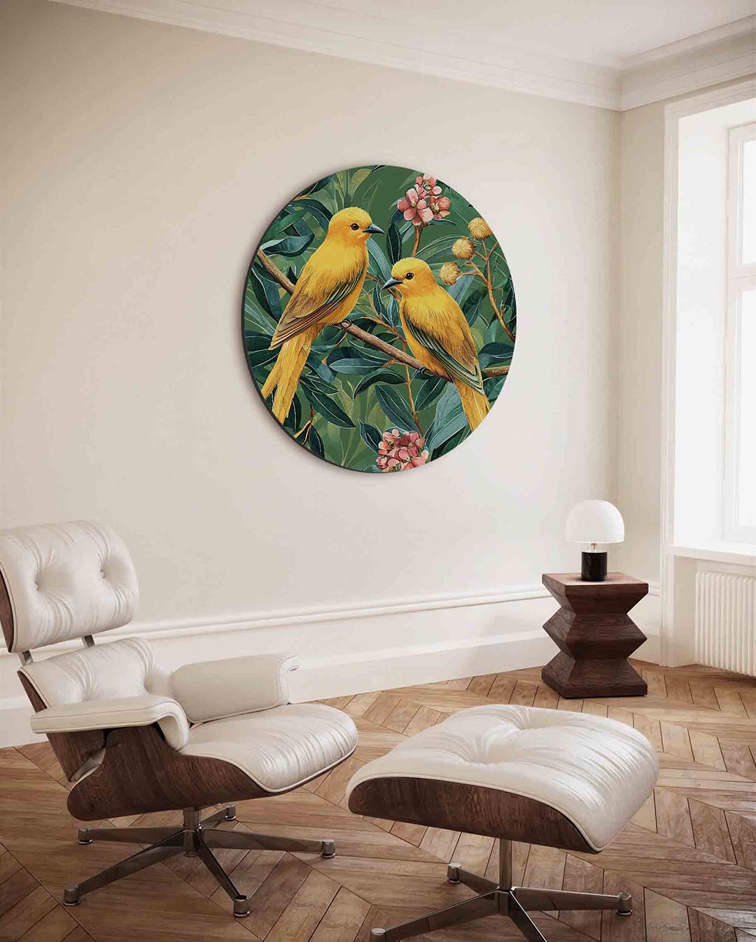Gele vogels en bloemen Muurcirkel