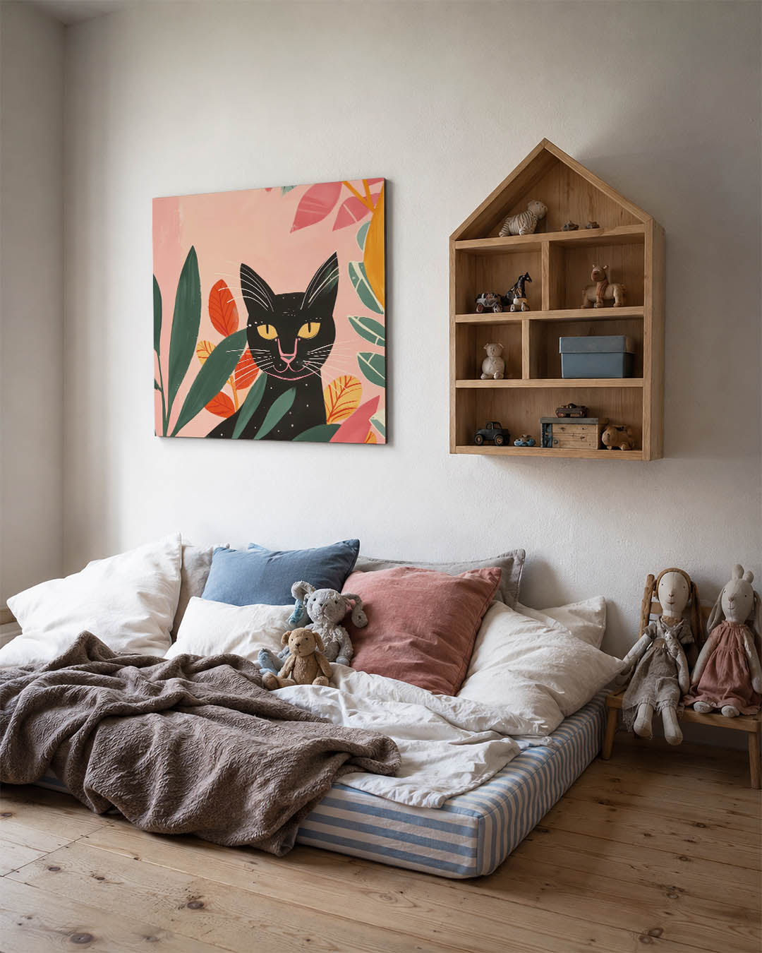 Kleurrijke kat en bladeren Kunstwerk