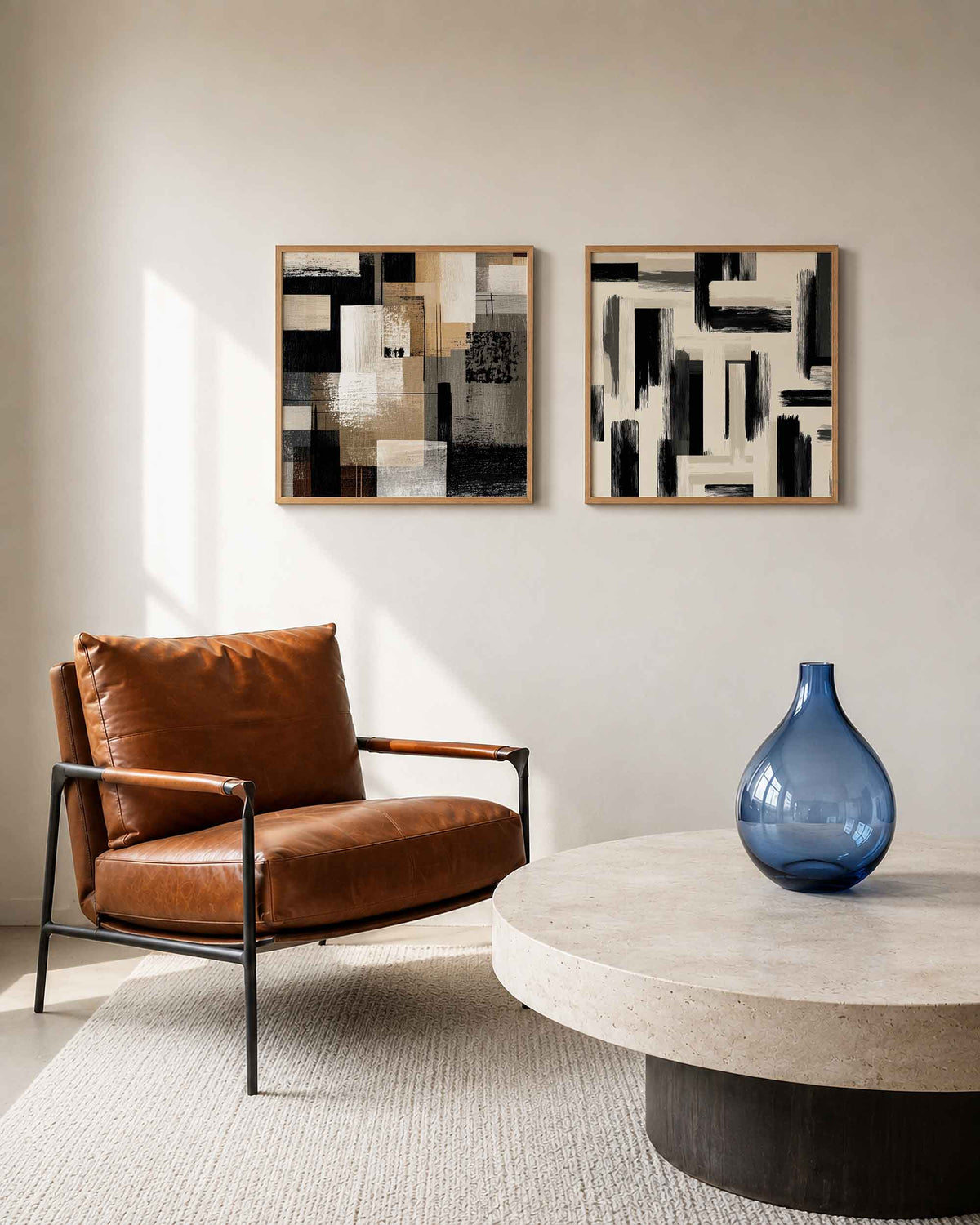 Interieurpresentatie van een tweedelige vierkante posterset met geometrische vlakken