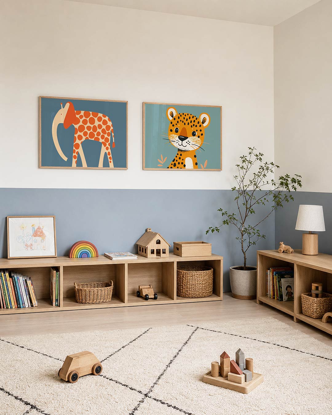 Interieurpresentatie van twee posters met een speelse olifant met oranje stippen op een beige lichaam