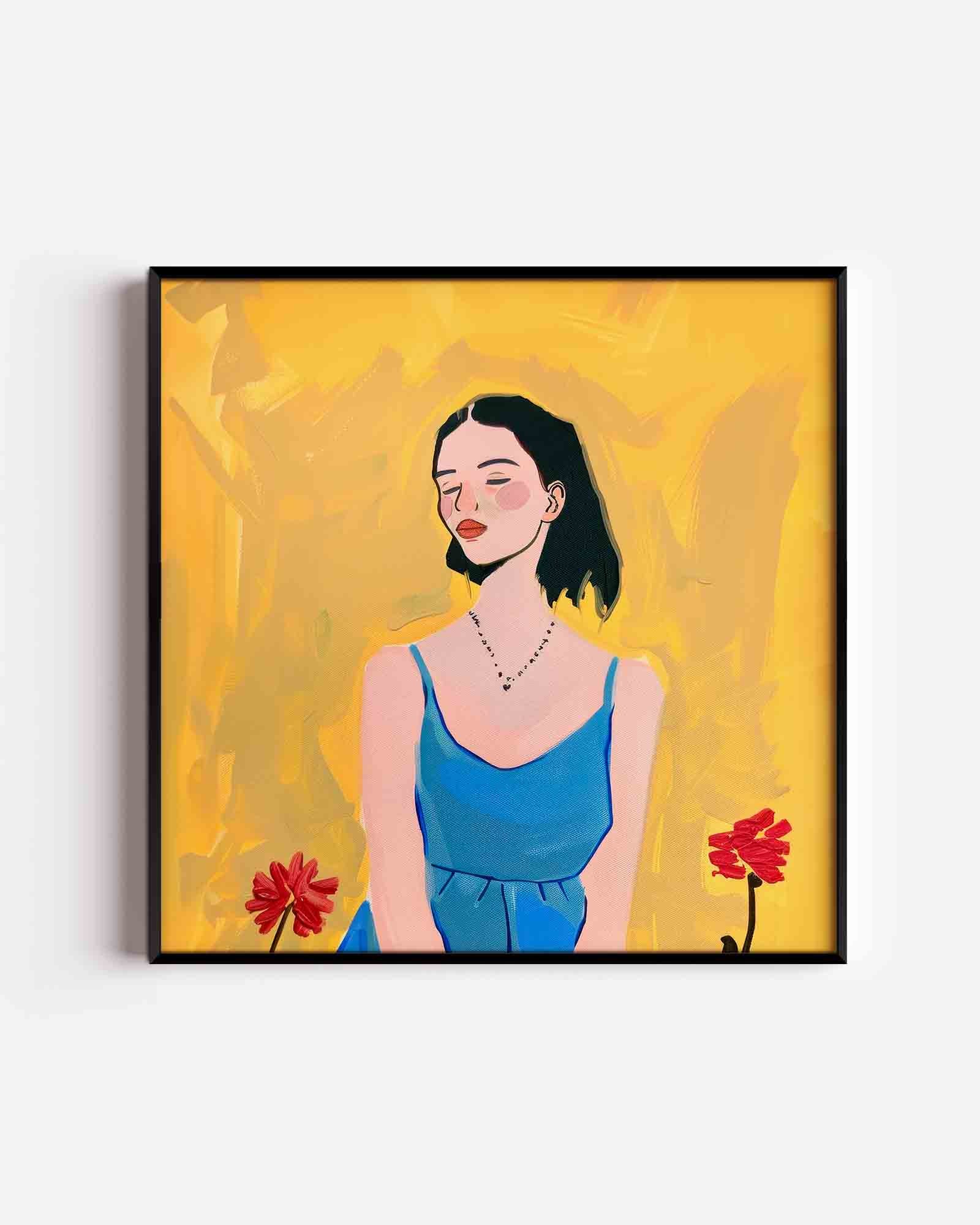 Vrouw in blauwe jurk Poster