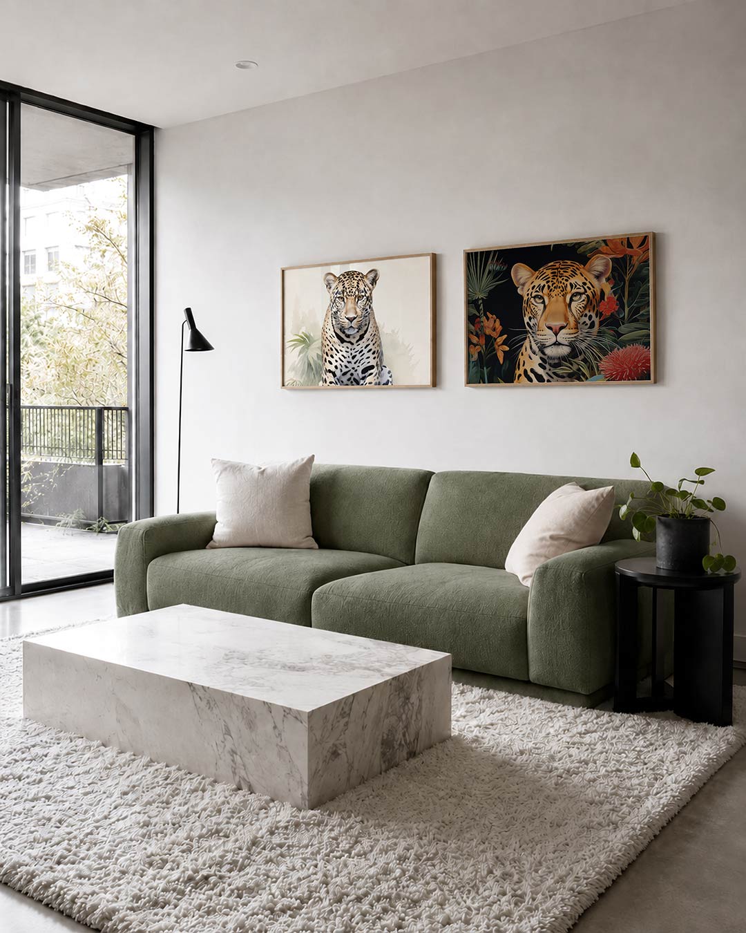 Tweedelige posterset met donkere tinten en een rustige visuele opbouw, getoond in een interieur