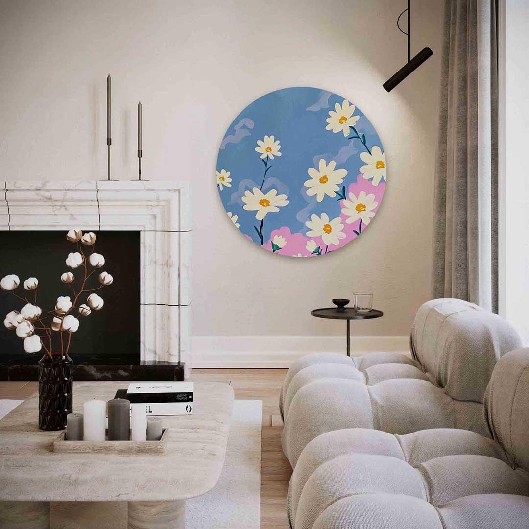 Bloemen op blauwe achtergrond Muurcirkel