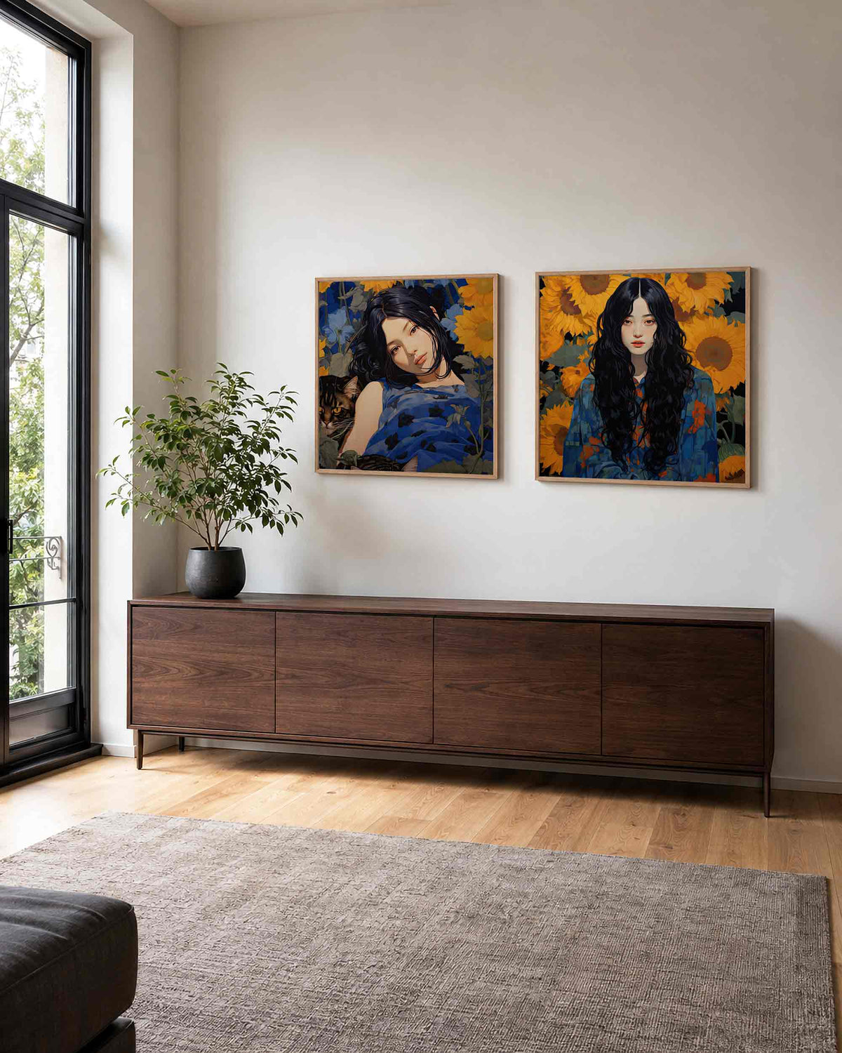 Interieurpresentatie van een tweedelige vierkante posterset met meisjes en zonnebloemen