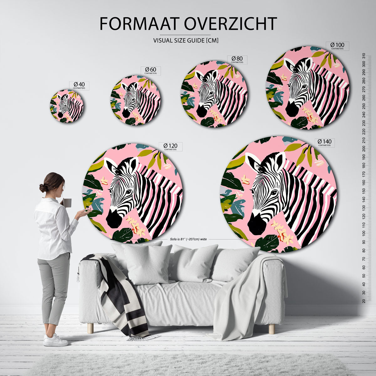 Zebra en bladeren Muurcirkel