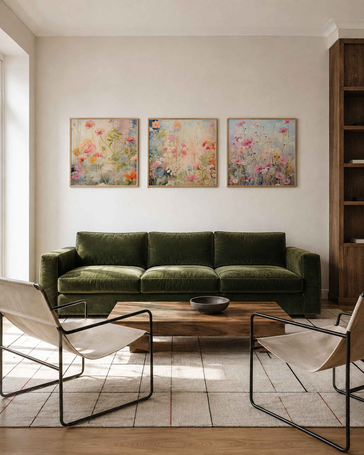Interieurpresentatie van een driedelige vierkante posterset met pastelkleurige bloemen