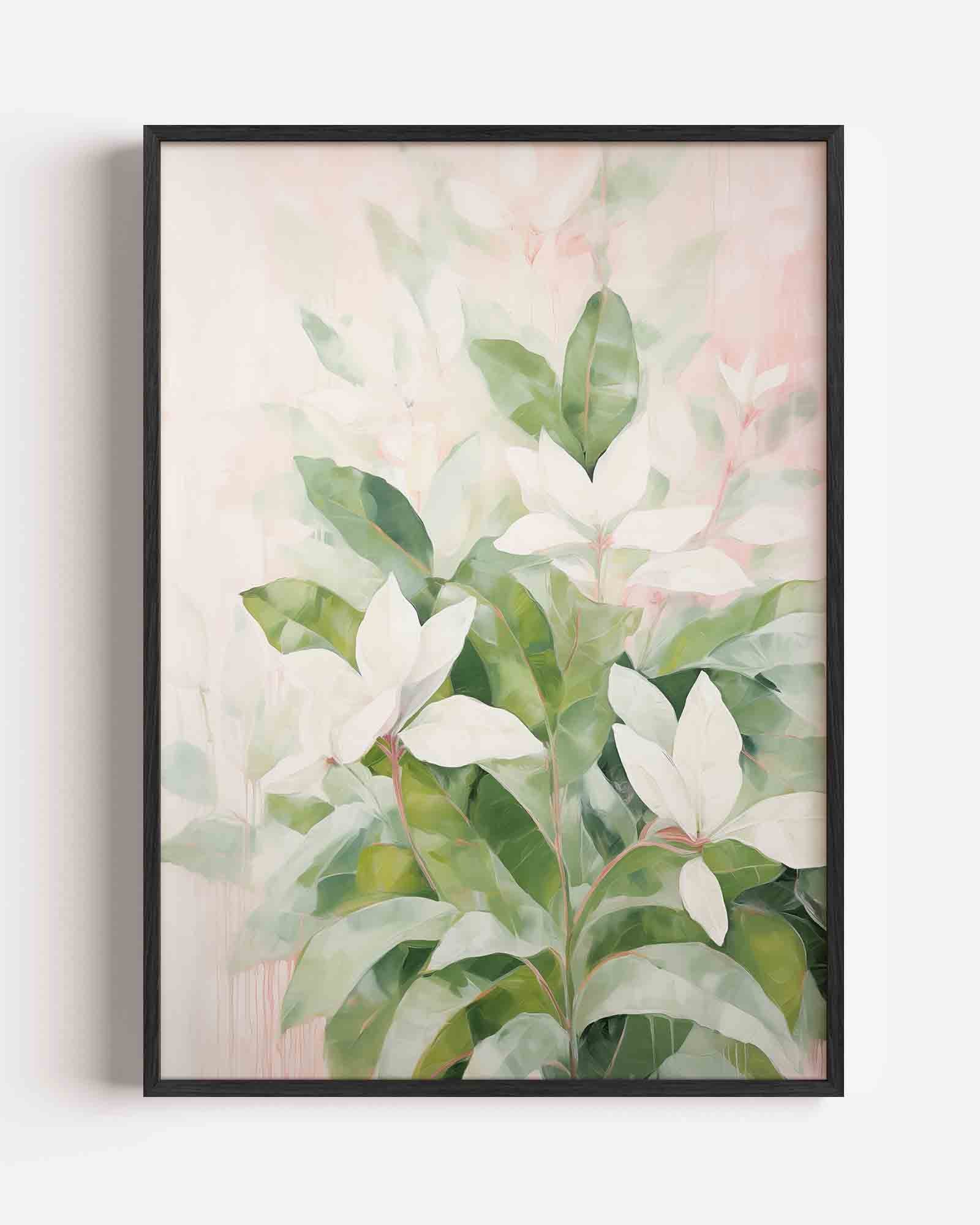 Witte bloemen en groene bladeren Poster