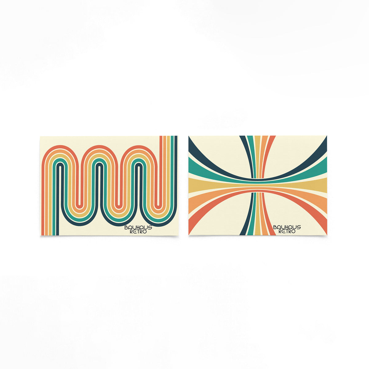 Twee landscape posters met retro bogenstrepen en waaiers als vrijstaande productfoto