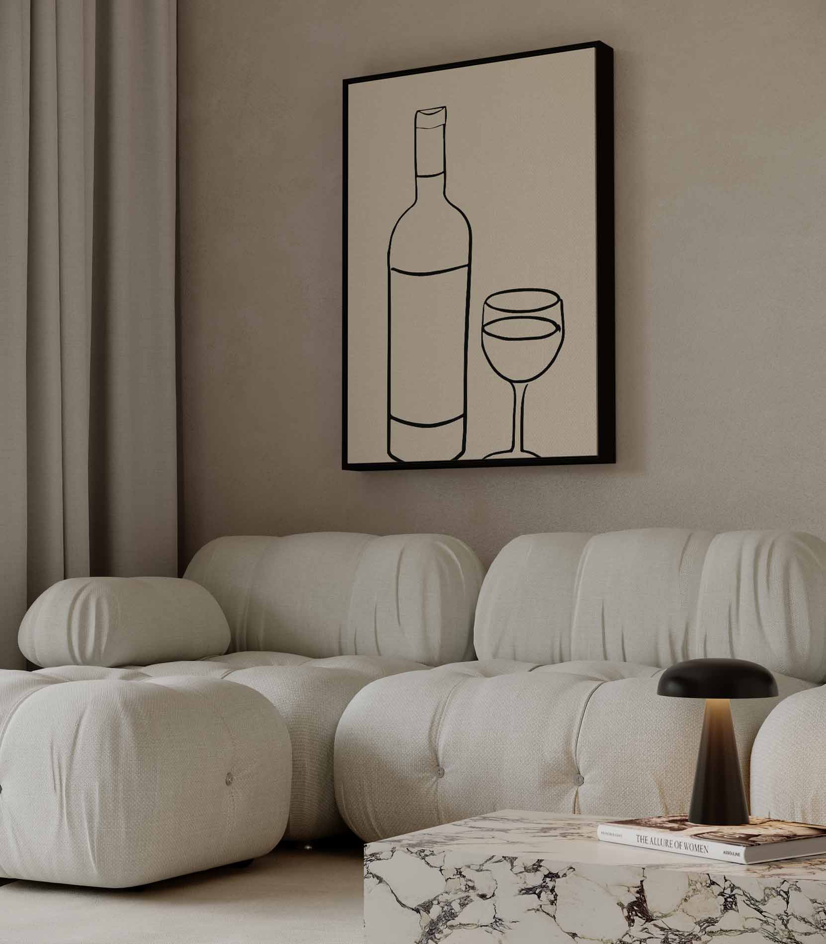 Wijn en Glas Minimalistische Lijntekening Kunstwerk-canvas-dibond-plexiglas-wanddecoratie-WallArtistic