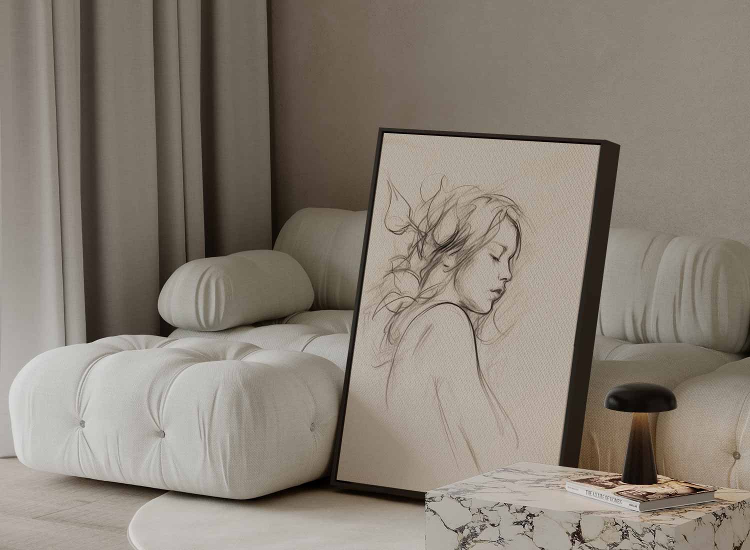Dromerige Schets van Vrouwelijk Portret Kunstwerk-canvas-dibond-plexiglas-wanddecoratie-WallArtistic