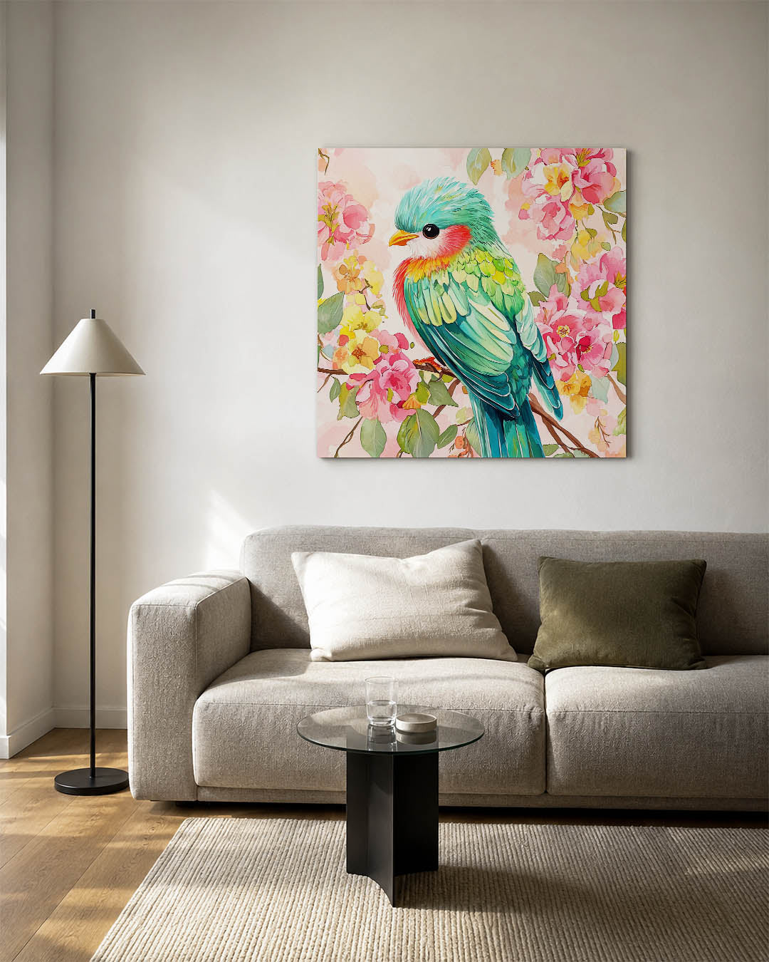 Vrolijke vogel en bloemen Kunstwerk