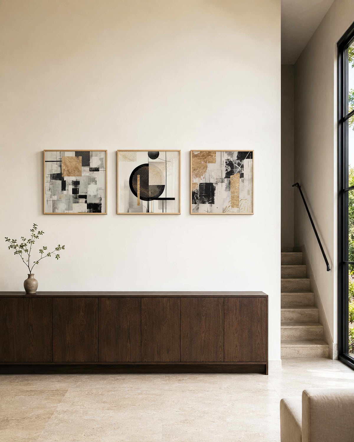 Interieurpresentatie van een driedelige vierkante posterset met zwart goud abstract