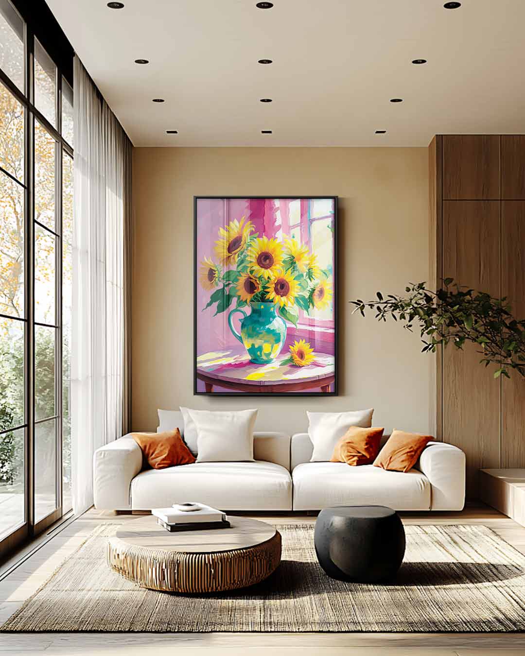 Stralende Zonnebloemen in Vaas Kunstwerk-canvas-dibond-plexiglas-wanddecoratie-WallArtistic