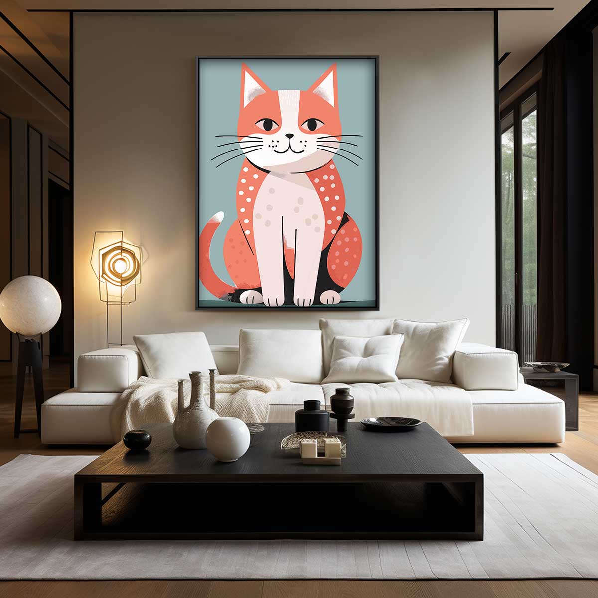 Vrolijke Kat Illustratie Kunstwerk-canvas-dibond-plexiglas-wanddecoratie-WallArtistic