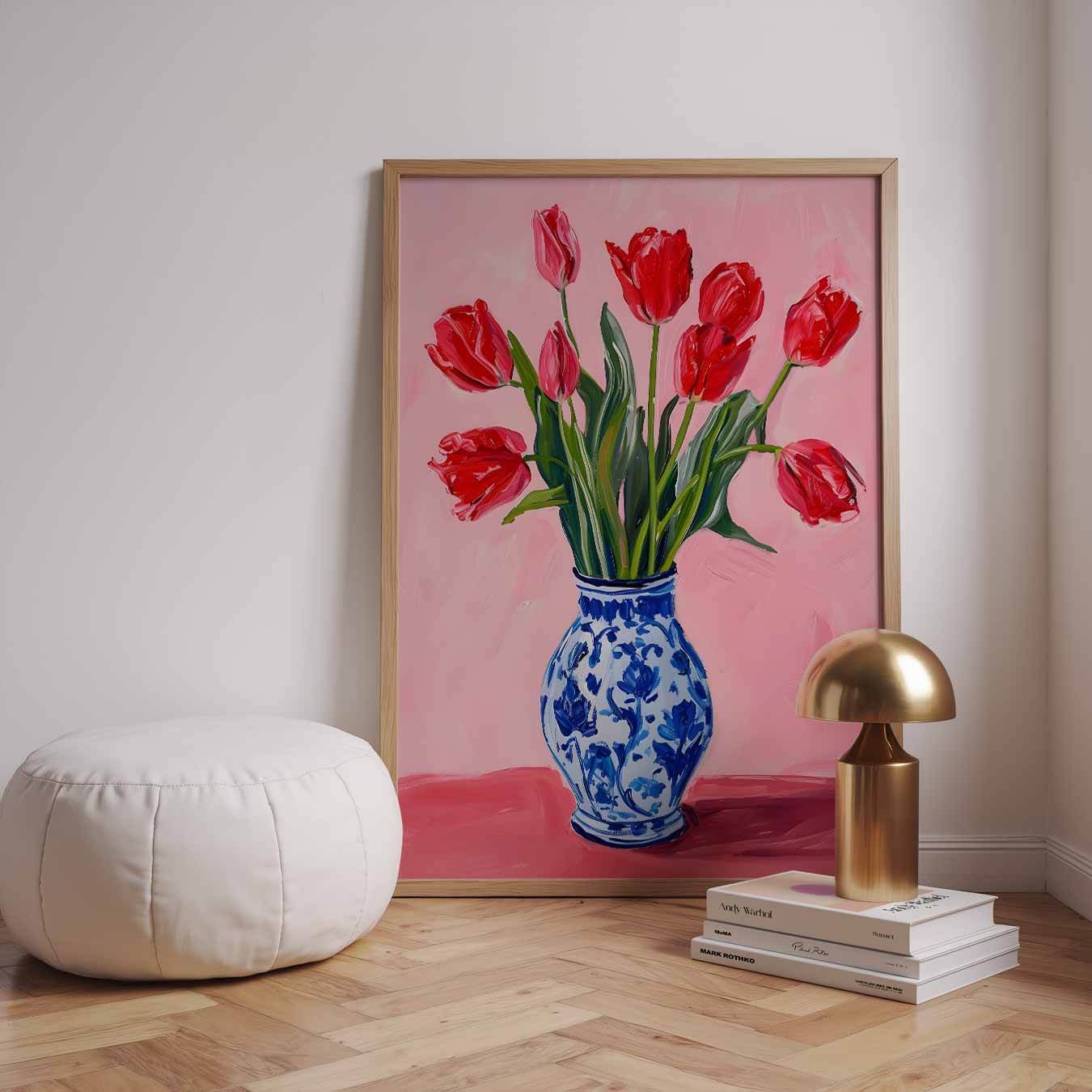 Vrolijke Tulpen in Blauw Witte Vaas Poster-WallArtistic