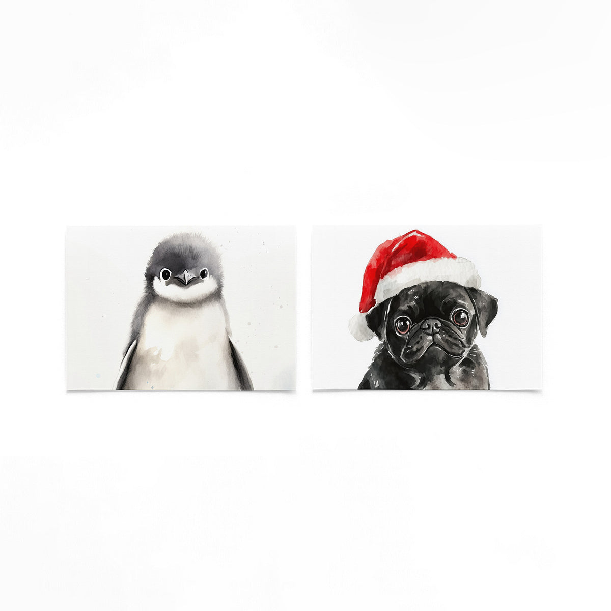 Twee liggende posters met een schattige pinguïn met zachte grijze en witte tinten op een gebroken witte achtergrond