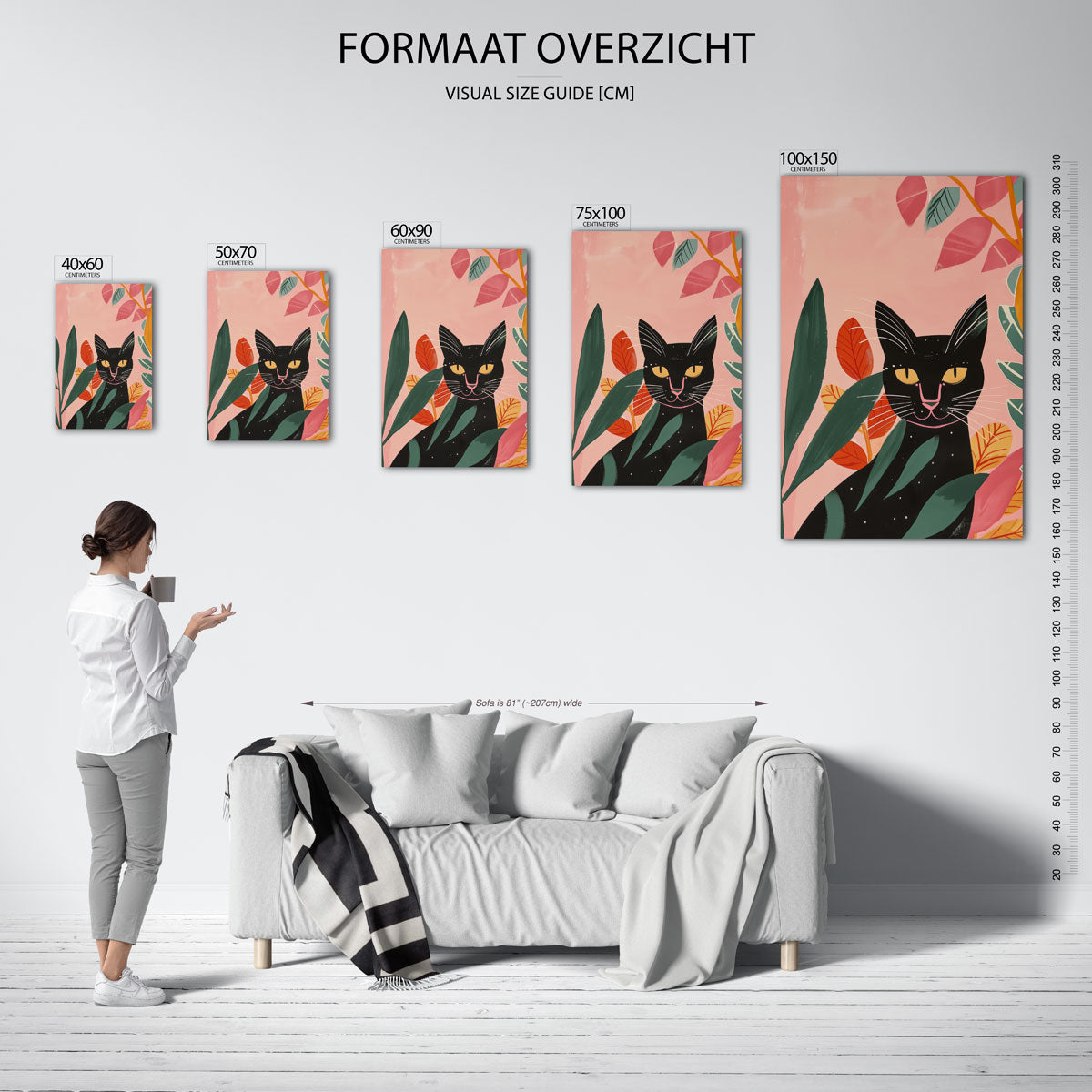 Kleurrijke kat en bladeren Kunstwerk