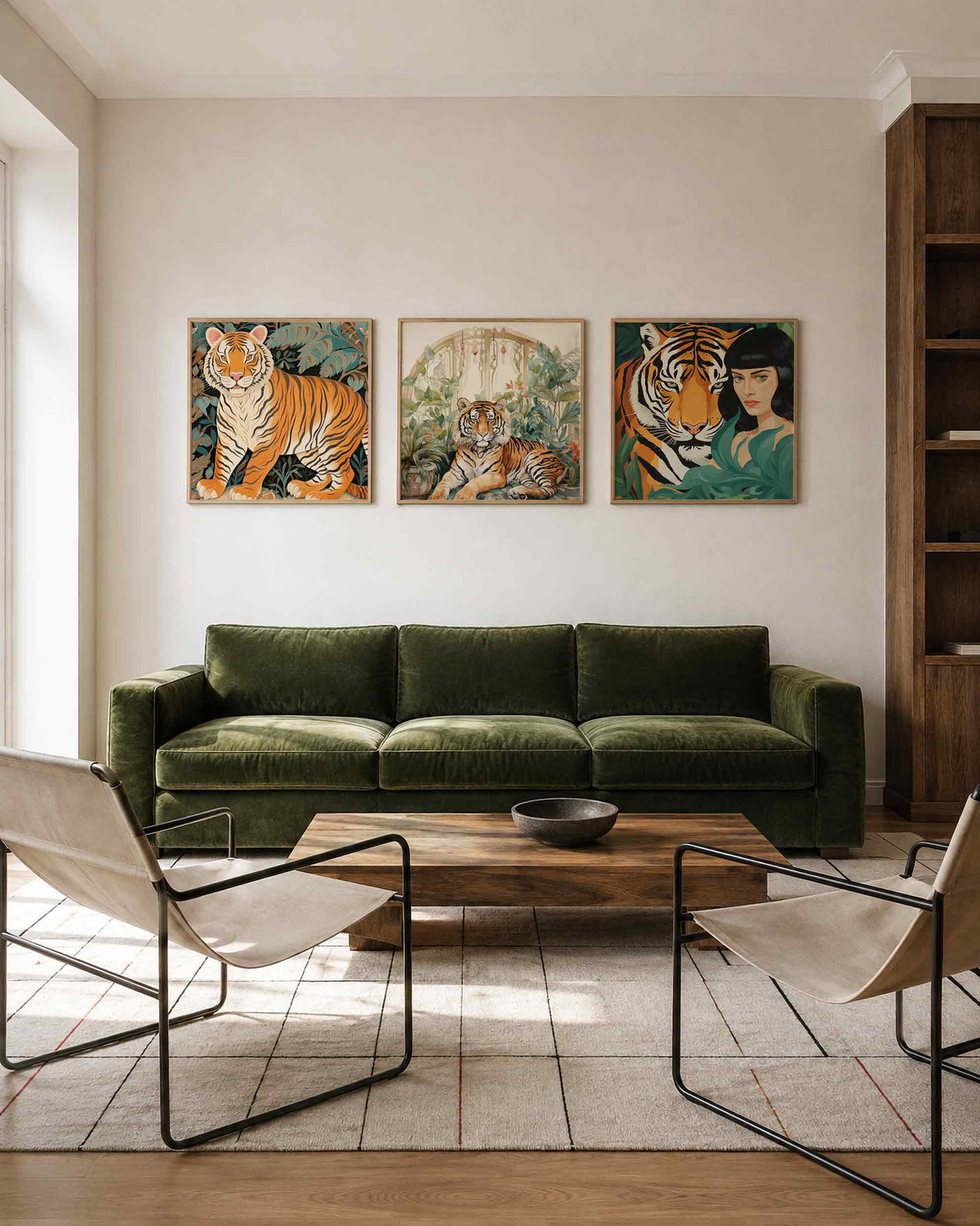 Interieurpresentatie van een driedelige vierkante posterset met tijgers in het groen