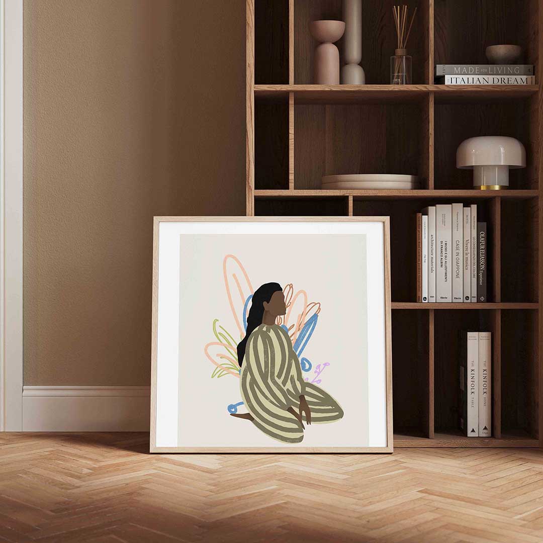 Zittende figuur met abstracte vormen Poster
