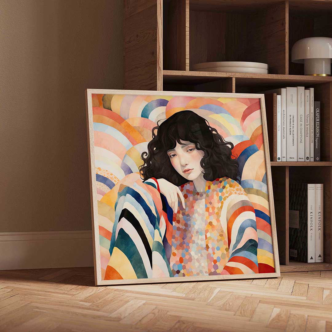 Vrouw met kleurrijke achtergrond Poster