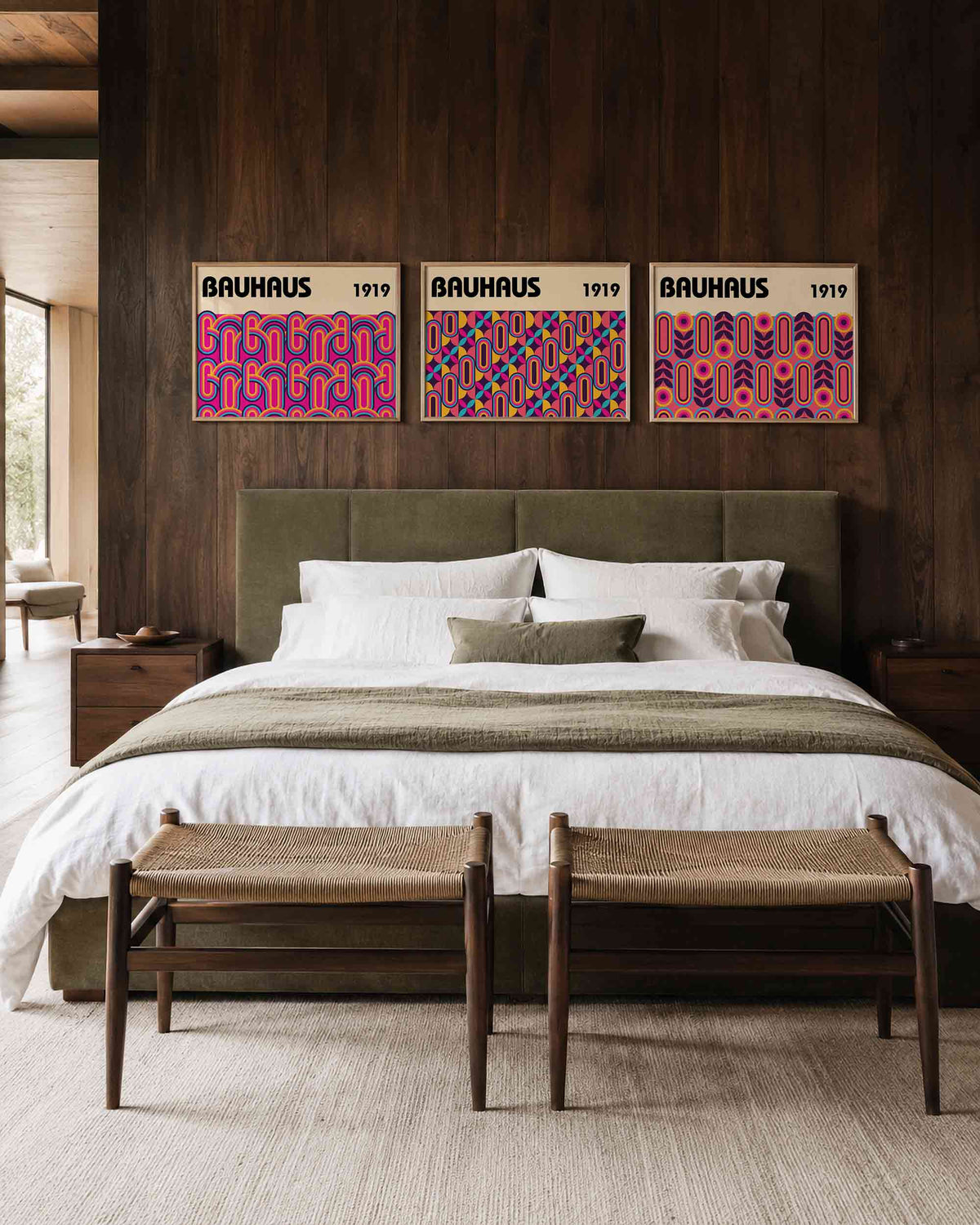Interieurmockup van drieluik landscape-posterset met kleurrijke ritmevlakken