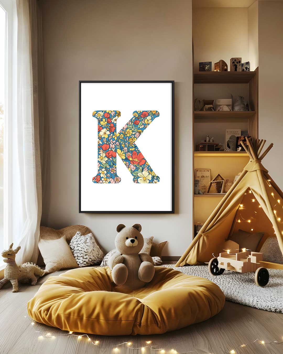 Bloemrijke Letter K Kunstwerk-canvas-dibond-plexiglas-wanddecoratie-WallArtistic