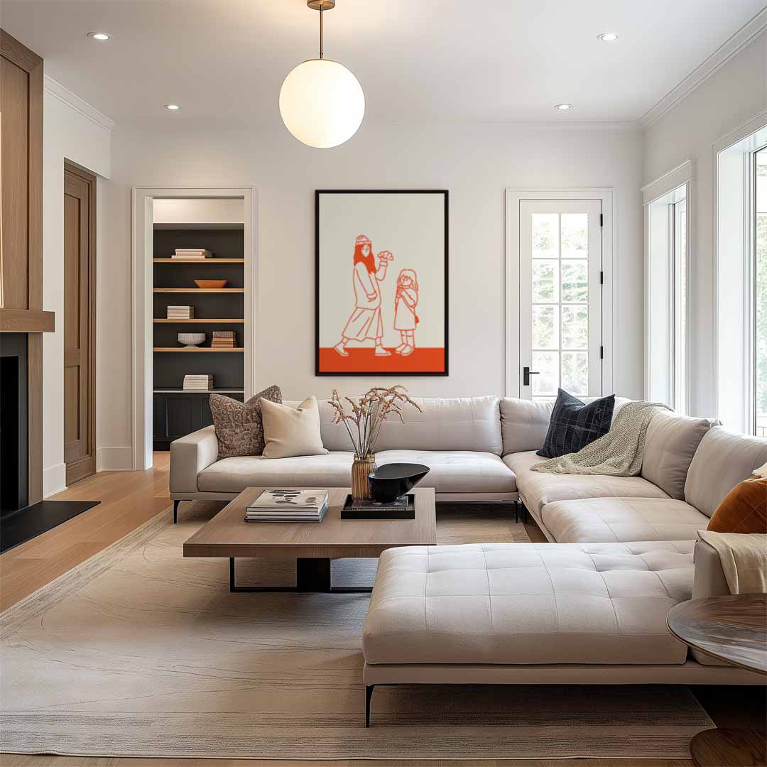 Vrolijke Wandeling in Oranje Kunstwerk-canvas-dibond-plexiglas-wanddecoratie-WallArtistic