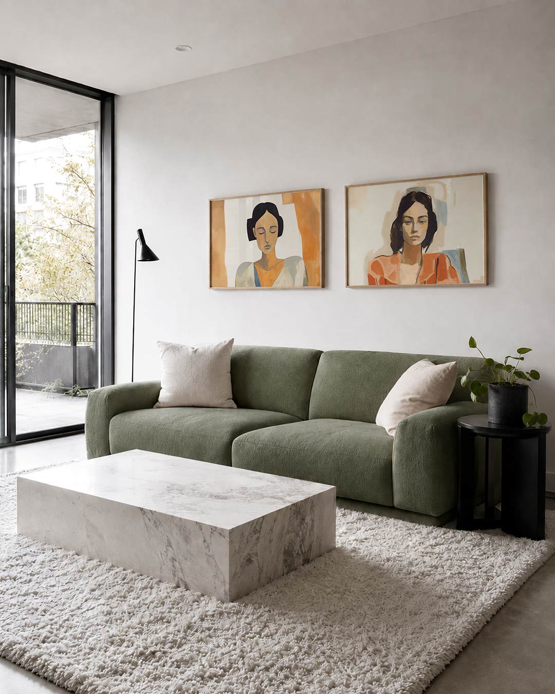 Tweedelige posterset met een serene compositie met zachte, aardse tinten, getoond in een interieur