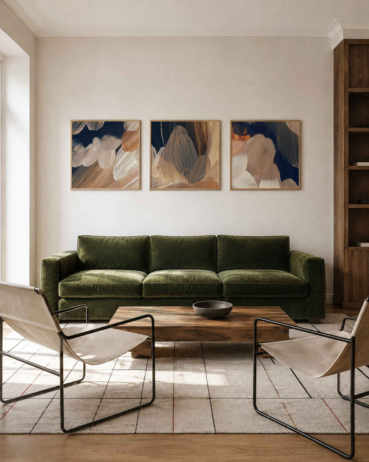 Interieurpresentatie van een driedelige vierkante posterset met abstracte penseelstreken