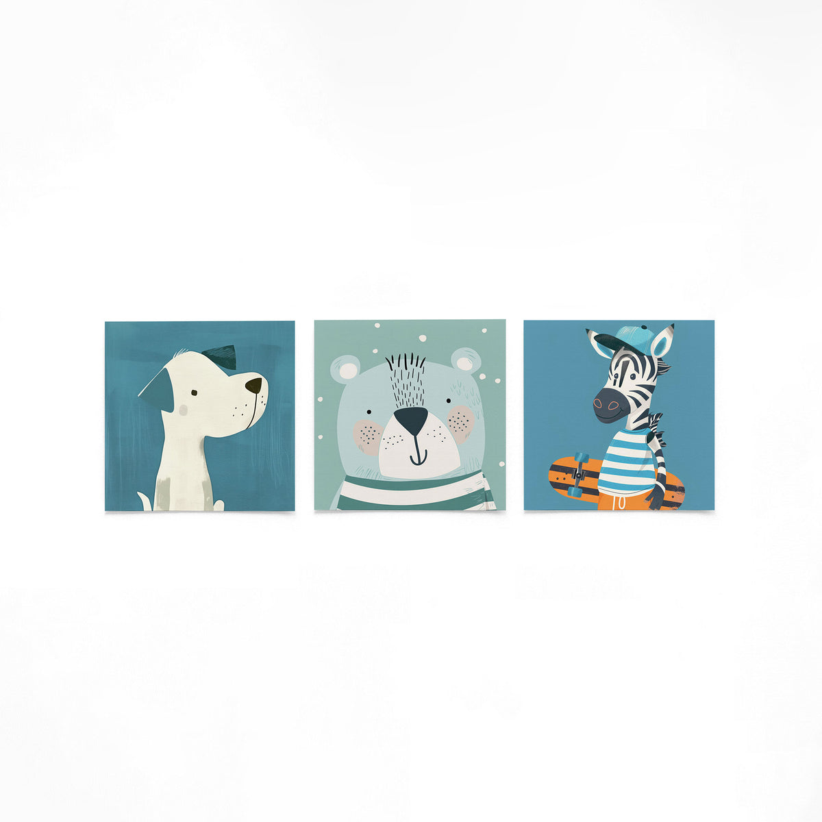 Drie vierkante posters met dierenportretten op een gebroken witte achtergrond
