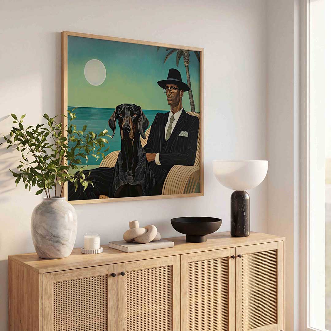 Man en hond bij zee Poster