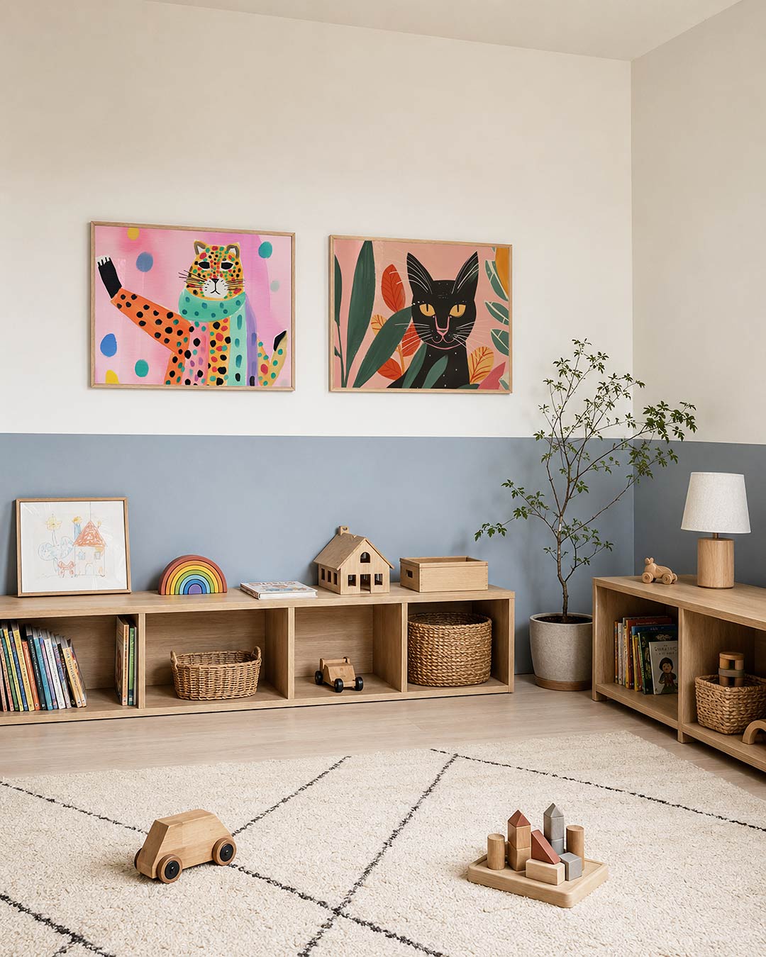Tweedelige posterset met een speelse compositie met een kleurrijke luipaard op een roze achtergrond, getoond in een interieur